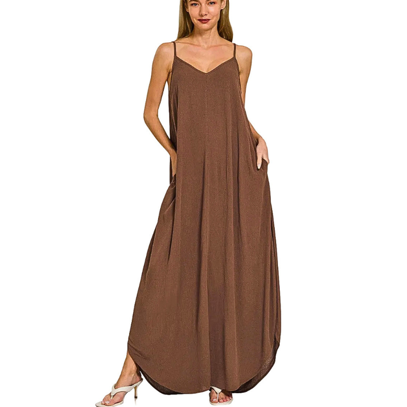 Zenana Maxi Cami Dress Flowy Brown Woven Crinkle Casual Tank Dress with Pockets