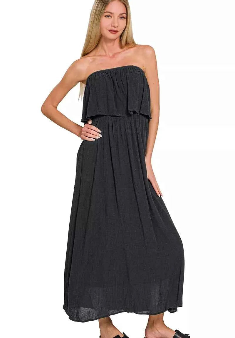 Zenana Woven Crinkle Strapless Maxi Dress
