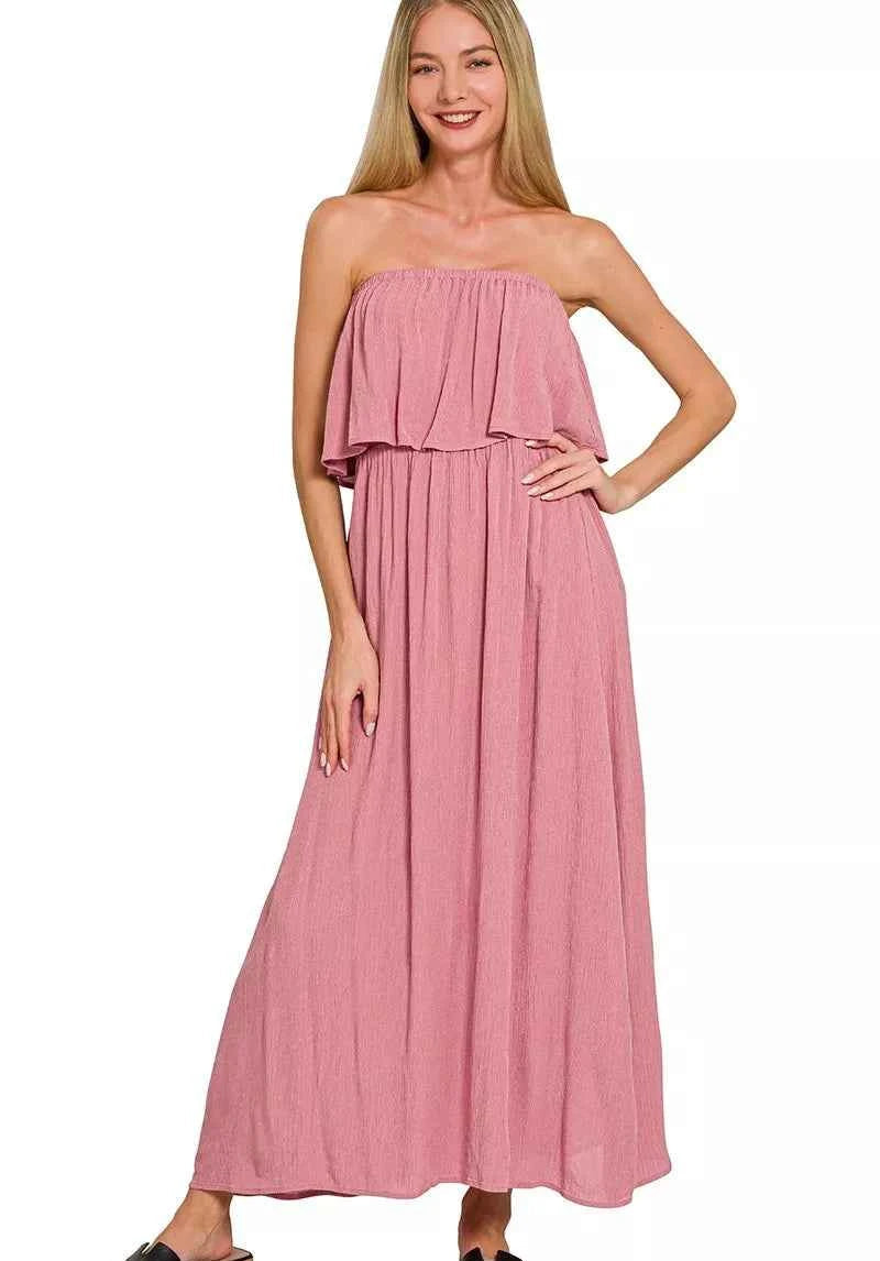 Zenana Maxi Dress Strapless Ruffle Light Rose Woven Crinkle 