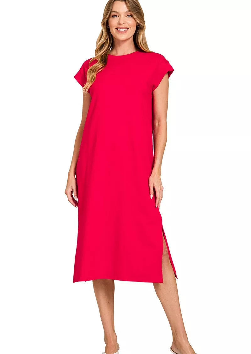 Zenana Midi Dress Ruby Red Round Neck Side Slit Short Sleeve RUBY Zenana_Midi_Dress_Ruby_Red_Round_Neck_Side_Slit_Short_Sleeve Trendsi