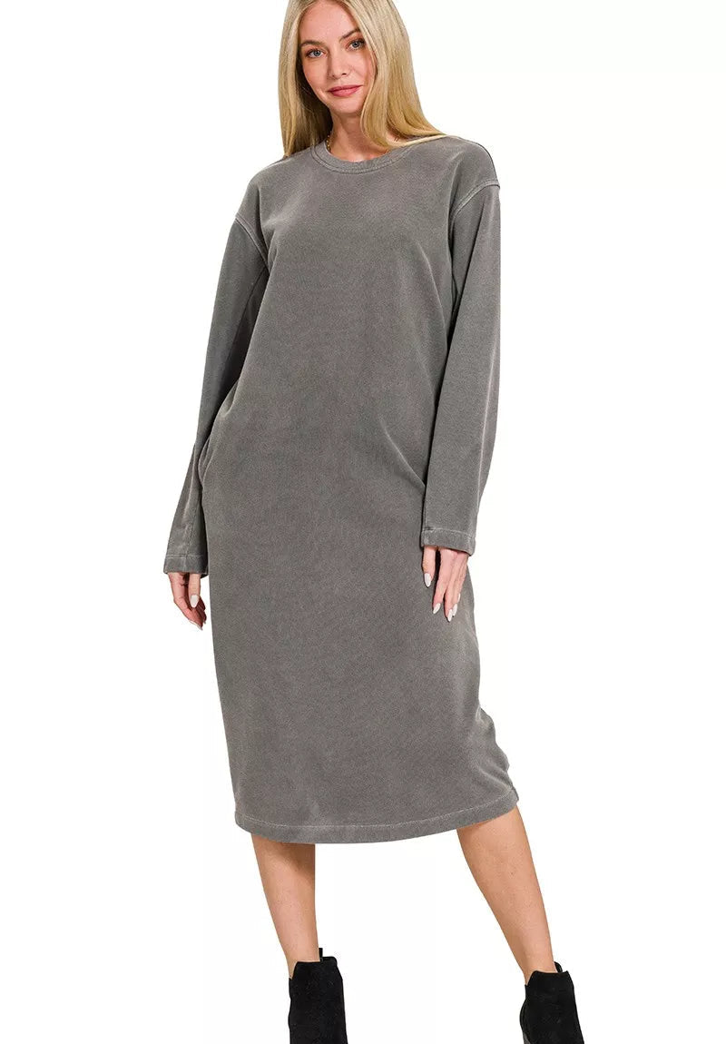 Zenana Midi Sweatshirts Dress Fleece Ash Black Soft Pigment Dye Long Sleeve ASH BLACK Zenana_Midi_Sweatshirts_Dress_Fleece_Ash_Black_Soft_Pigment_Dye_Long_Sleeve Trendsi