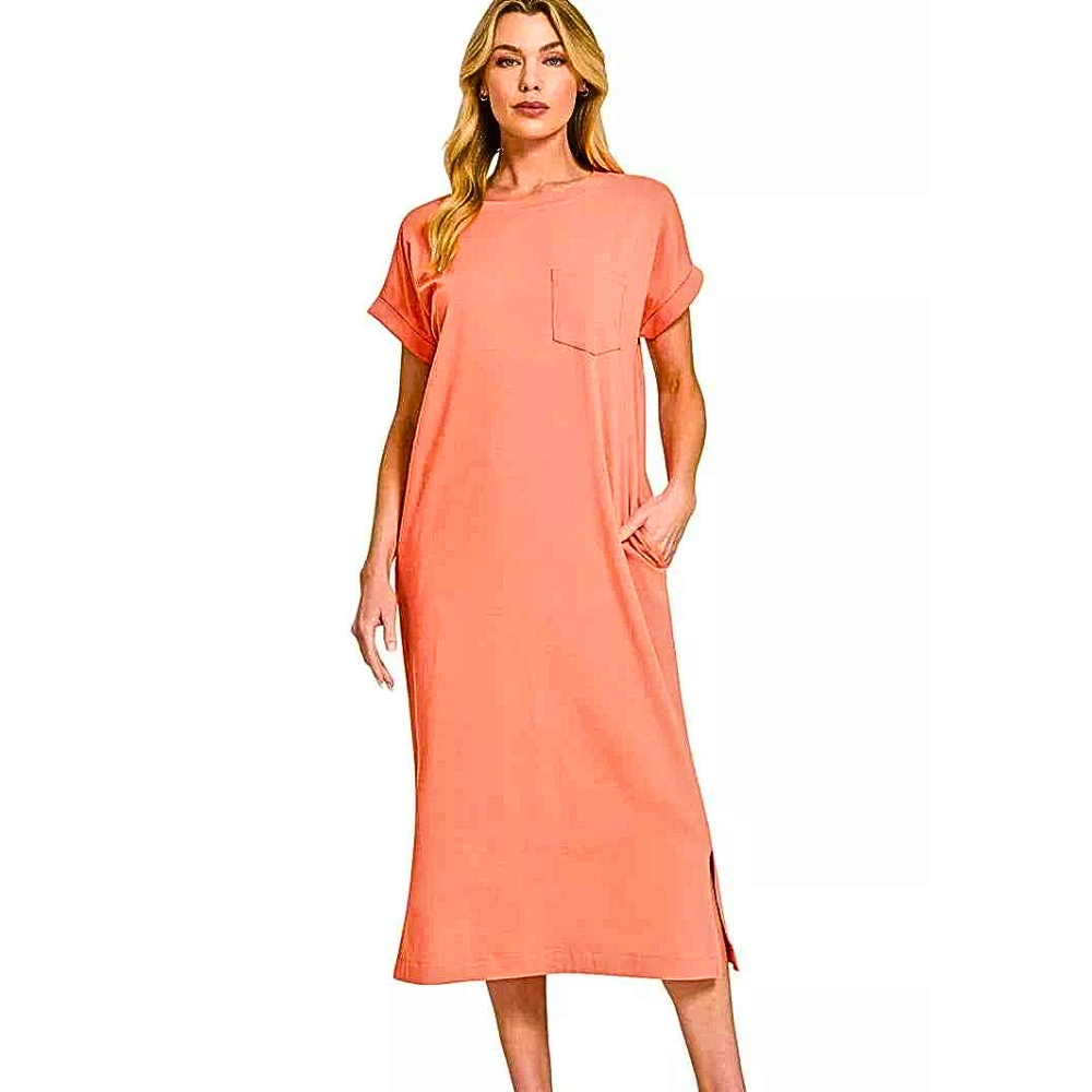 Zenana Midi T-shirt Dress Cotton Coral Round Neck Short Sleeve Side Slit with Pockets