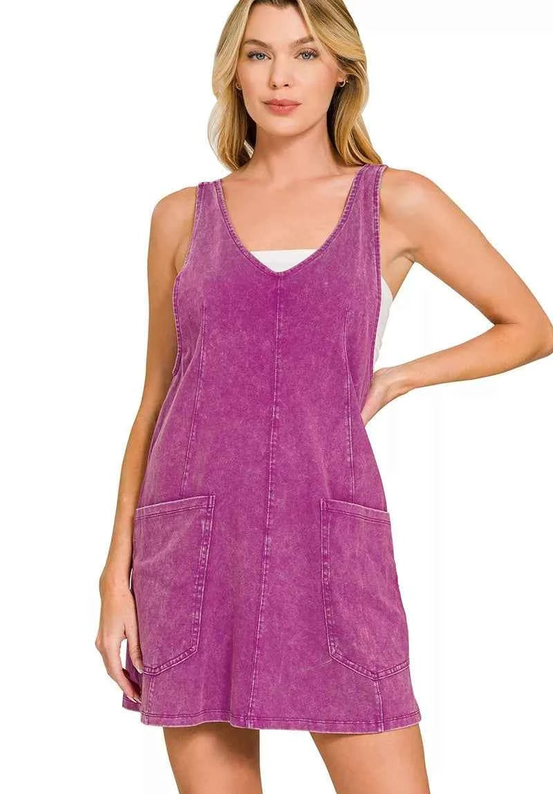 Zenana Mini Dress Cotton Acid Washed Overall Knit Light Plum V Neck