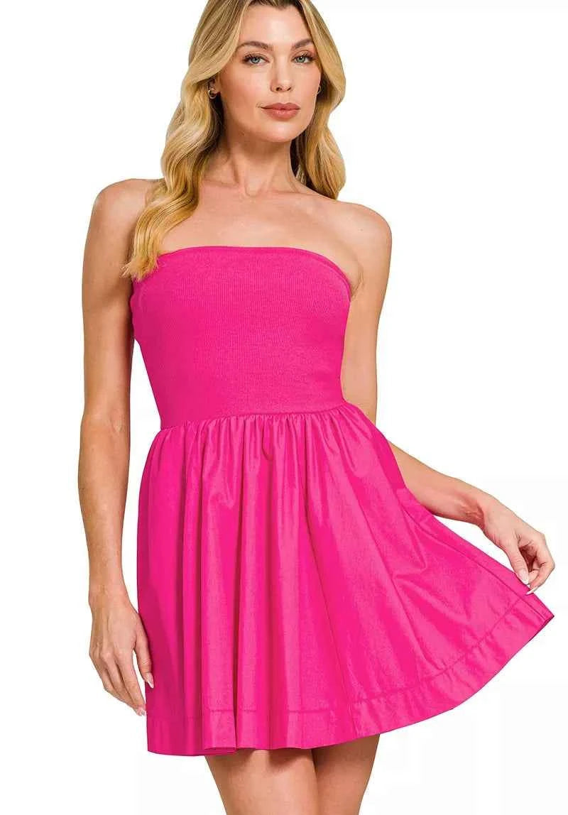 Zenana Mini Dress Hot Pink Combined Knit Tube Top Flare Strapless