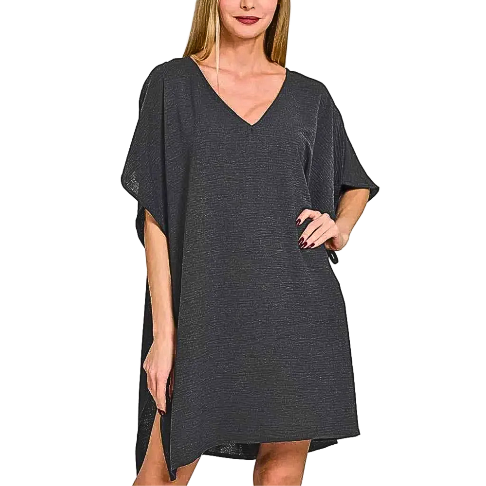 Zenana Mini Dress V-Neck Black Woven Airflow Tie Side Slit Beach Loose Cover Up
