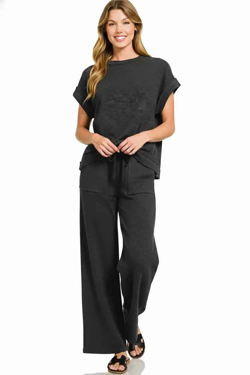 Zenana Outfit Set Black Cotton Slub Short Sleeve Top Tee and Pants
