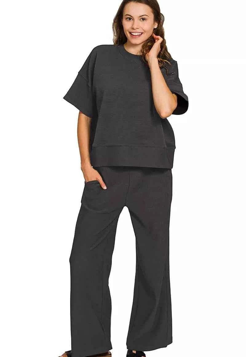 Zenana Outfit Set Black Ribbed Round Neck Tee & Pants Set Women Two-Piece  S‑XL - STYLEINGER