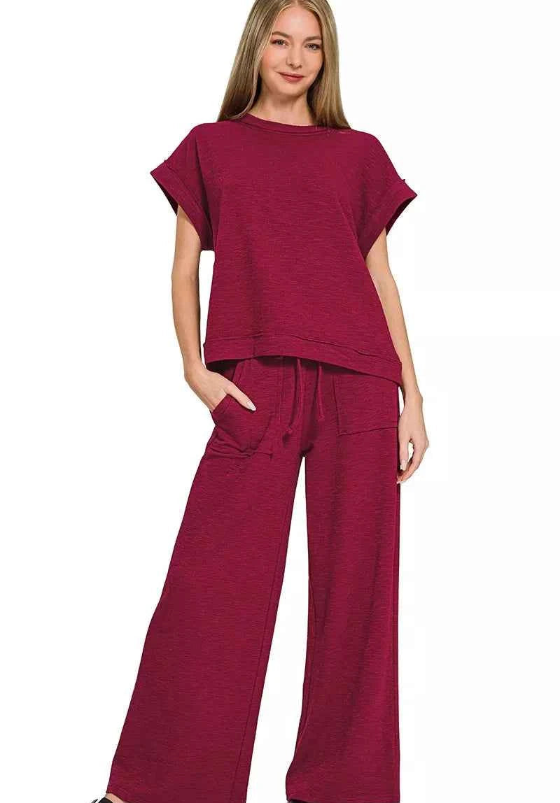 Zenana Outfit Set Burgundy Cotton Slub Short Sleeve Top Tee and Pants