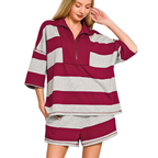 Zenana Outfit Set Casual Striped Burgundy French Terry Half-Zip Top and Shorts Set