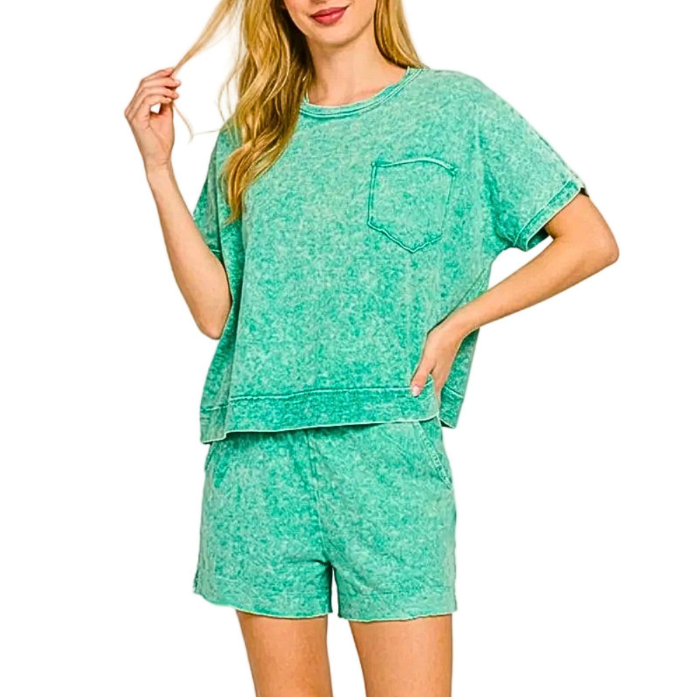 Zenana Outfit Set Cotton Halo Snow Washed Green Short Sleeve Top & Shorts Casual