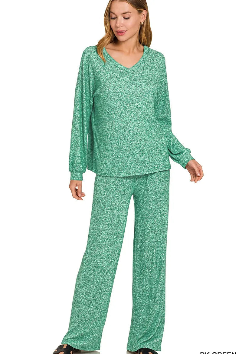 Zenana Outfit Set Green Soft Melange Long Sleeve Tee & Pants 2 Pcs DK GREEN Zenana_Outfit_Set_Green_Soft_Melange_Long_Sleeve_Tee_Pants_2_Pcs Trendsi