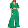 Zenana Outfit Set Green Woven Airflow Twisted Top & Wide Leg High Waist Pants