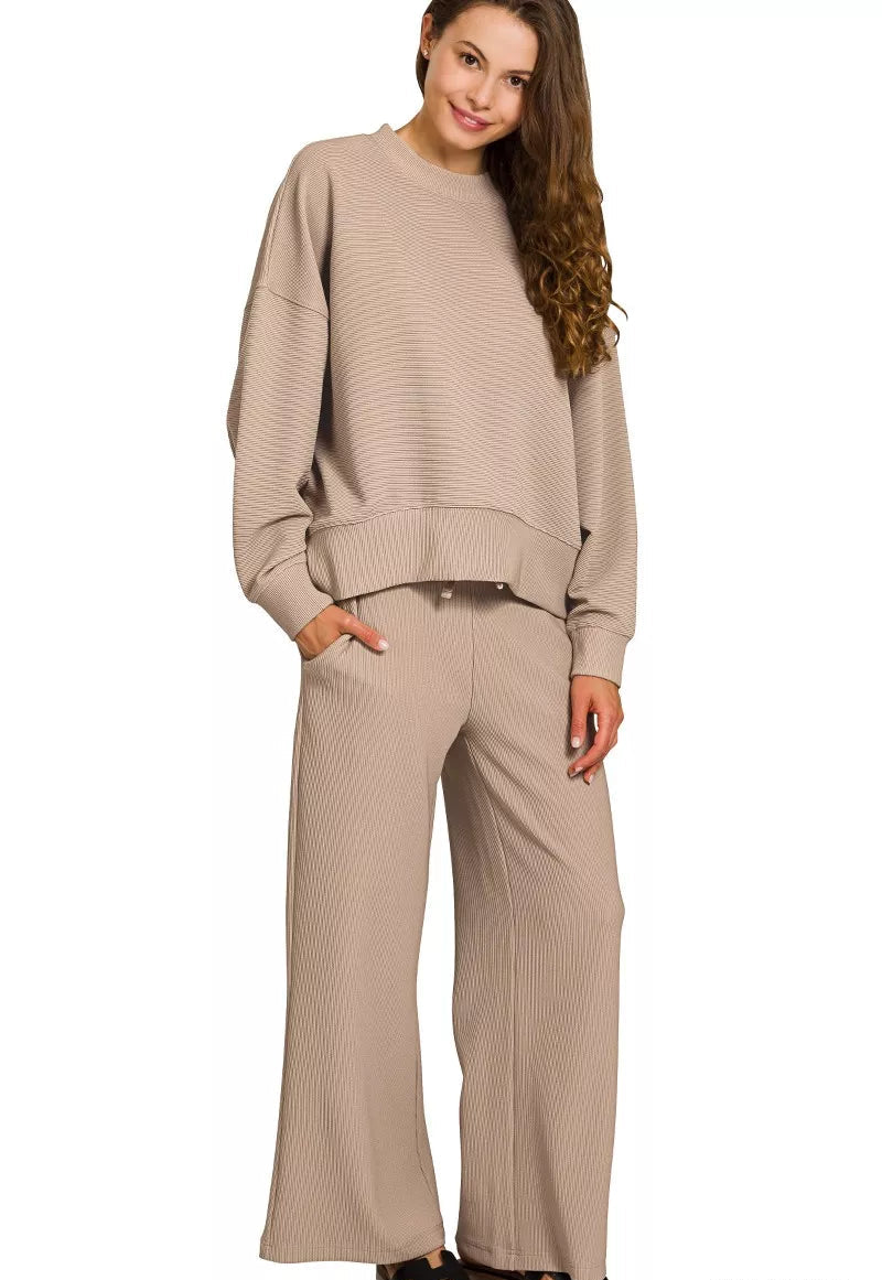 Zenana Ribbed Round Neck Pullover and Drawstring Pants Set