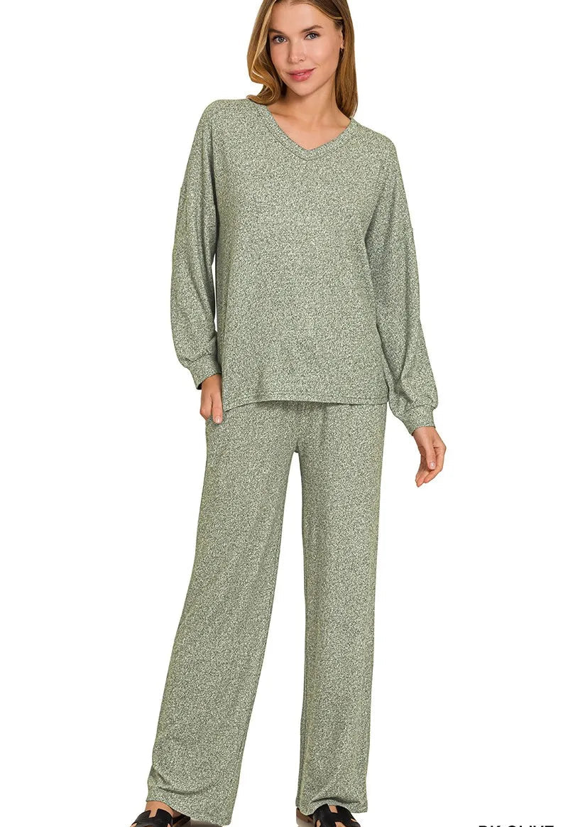 Zenana Outfit Set Olive Soft Melange Long Sleeve Tee & Pants 2 Pcs DK OLIVE Zenana_Outfit_Set_Olive_Soft_Melange_Long_Sleeve_Tee_Pants_2_Pcs Trendsi