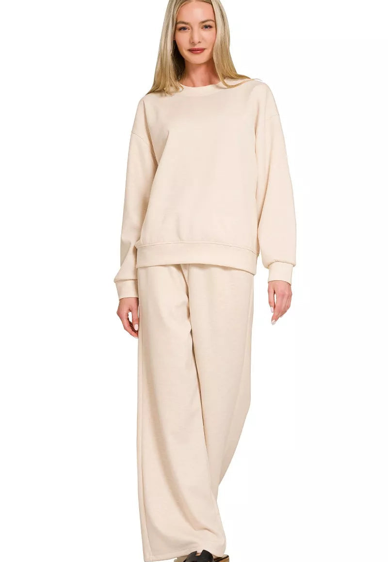 Zenana Outftit Set Beige Scuba Crewneck Pullover and Pants Casual 2 Pcs Zenana_Outftit_Set_Beige_Scuba_Crewneck_Pullover_and_Pants_Casual_2_Pcs Trendsi