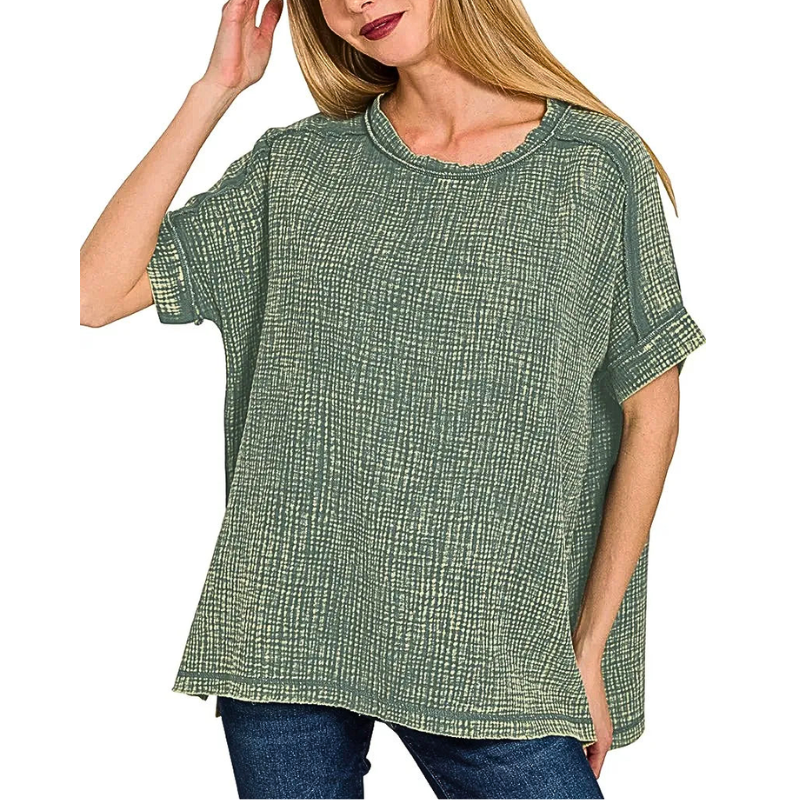 Zenana Oversized Blouse Acid Washed Double Gauze Ash Jade Short Sleeve Top Tee
