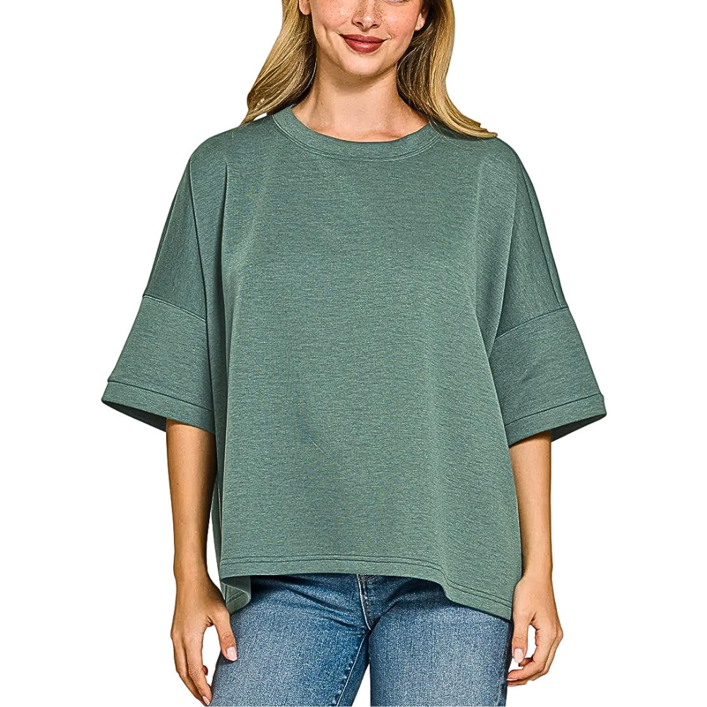 Zenana Oversized Blouse Scuba Ash Jade T-shirt Side Slits Short Sleeve Casual