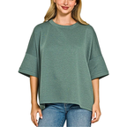 Zenana Oversized Blouse Scuba Ash Jade T-shirt Side Slits Short Sleeve Casual
