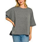 Zenana Oversized Blouse Scuba Charcoal Black T-shirt Side Slits Short Sleeve Casual