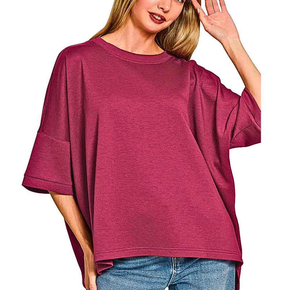 Zenana Oversized Blouse Scuba Light Rose T-shirt Side Slits Short Sleeve Casual Red