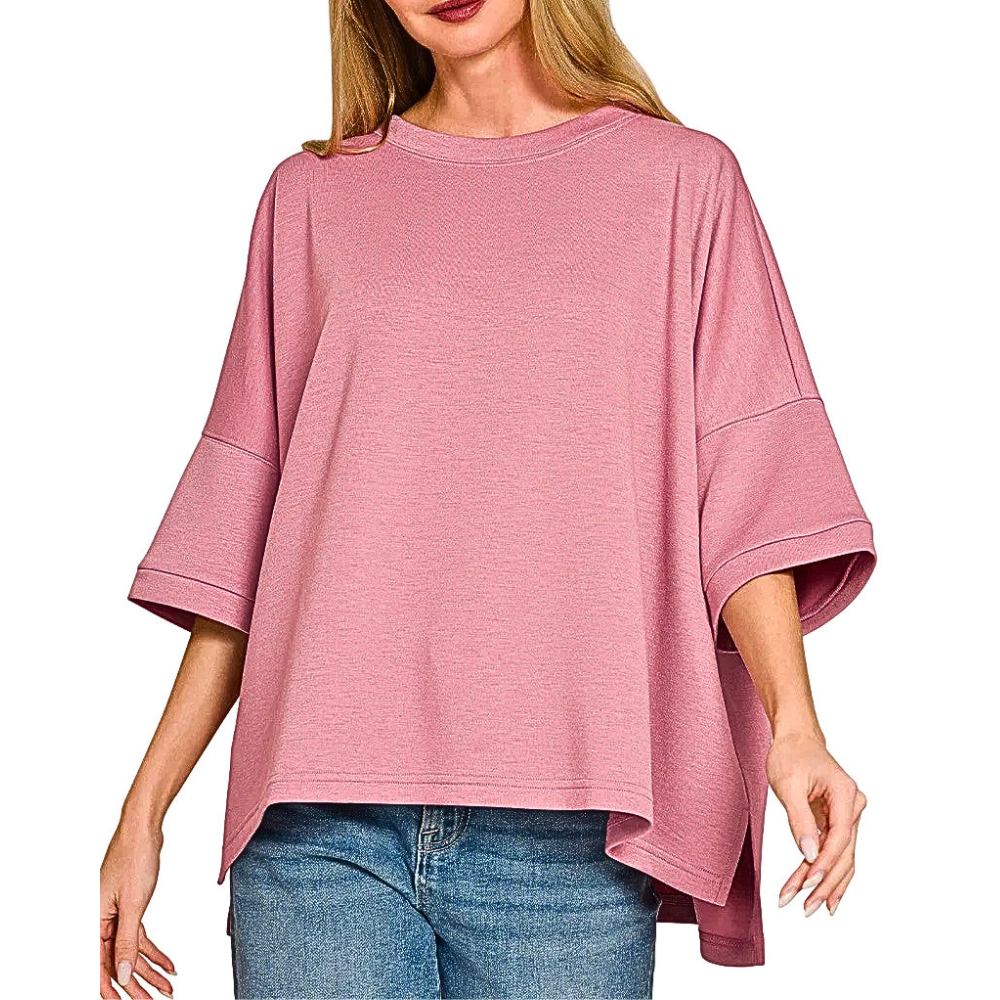 Zenana Oversized Blouse Scuba Light Rose T-shirt Side Slits Short Sleeve Casual Top
