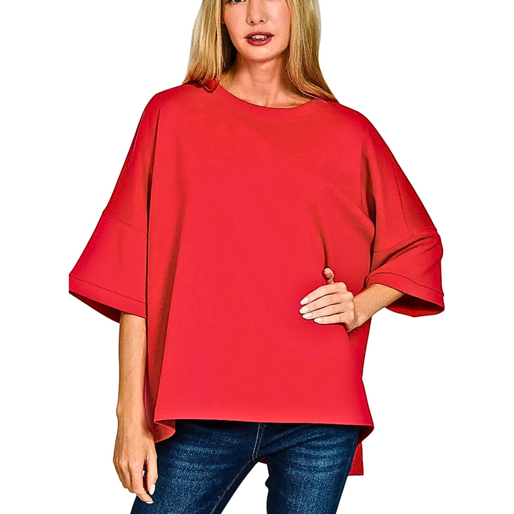 Zenana Oversized Casual T-shirt Blouse Ruby Red Short Sleee Loose Scuba Top