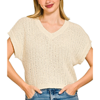 Zenana Oversized Cropped Pullover Strukturierter Strick-V-Ausschnitt Cremefarbenes Kurzarm-Oberteil