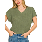 Zenana Oversized Cropped Pullover Strukturierter Strick V-Ausschnitt Helloliv Kurzarm-Top