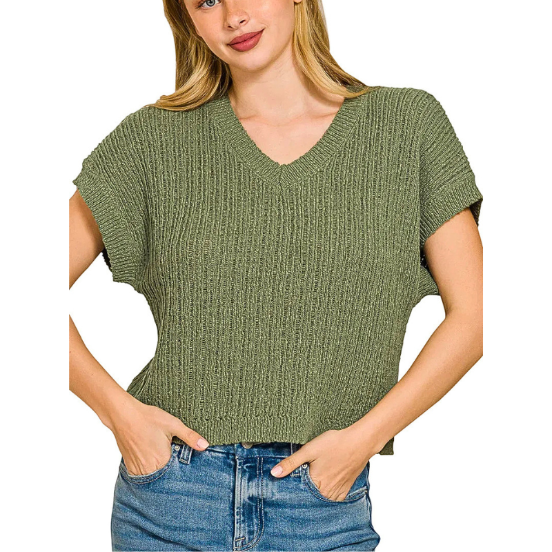 Zenana Oversized Cropped Sweater Textured Knit V-Neck Light Olive Short Sleeve Top