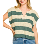 Zenana Oversized Strickpullover mit geschlitztem Kragen, Aschgrau-Jade gestreiftes ärmelloses Freizeit-Oberteil