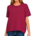 Zenana Oversized Knit Sweater Top Burgundy Round Neck Short Sleeve Lightweight