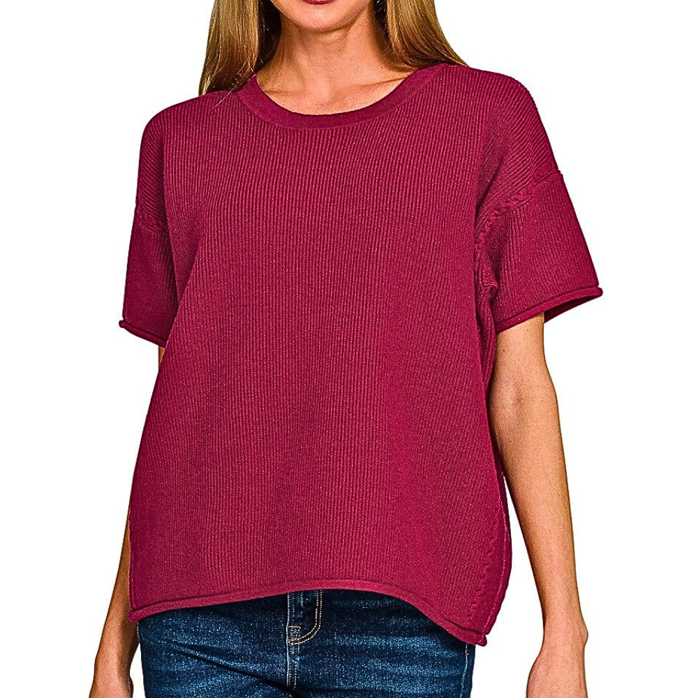 Zenana Oversized Knit Sweater Top Burgundy Round Neck Short Sleeve Lightweight