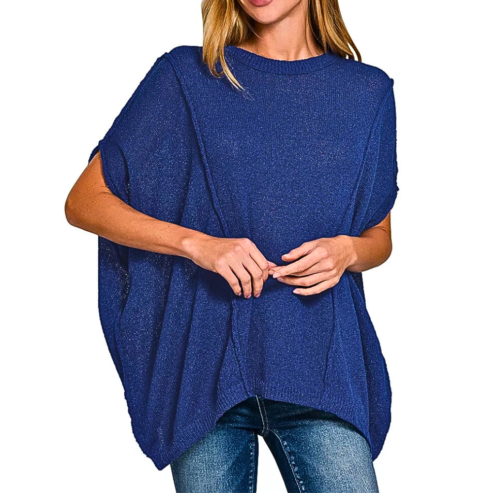 Zenana Oversized Knit Sweater Top Light Navy Short Dolman Sleeve Casual Pullover
