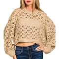Zenana Oversized Open-Knit Sweater Crochet Cropped Lightweight Long Sleeve Top