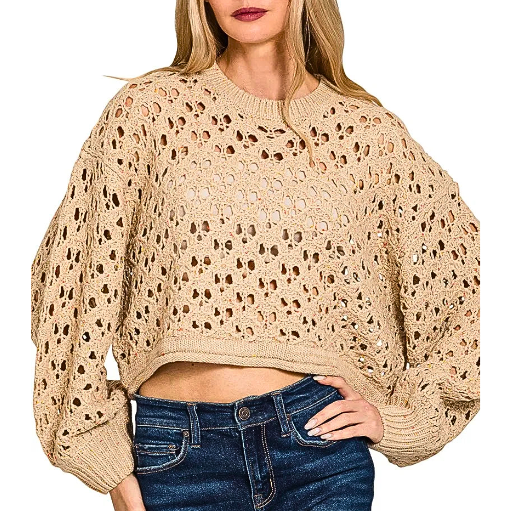 Zenana Oversized Open-Knit Sweater Crochet Cropped Lightweight Long Sleeve Top