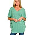 Zenana Oversized Ribbed Texture Knit Blouse V-Neck Batwing Short Sleeve Loose Top