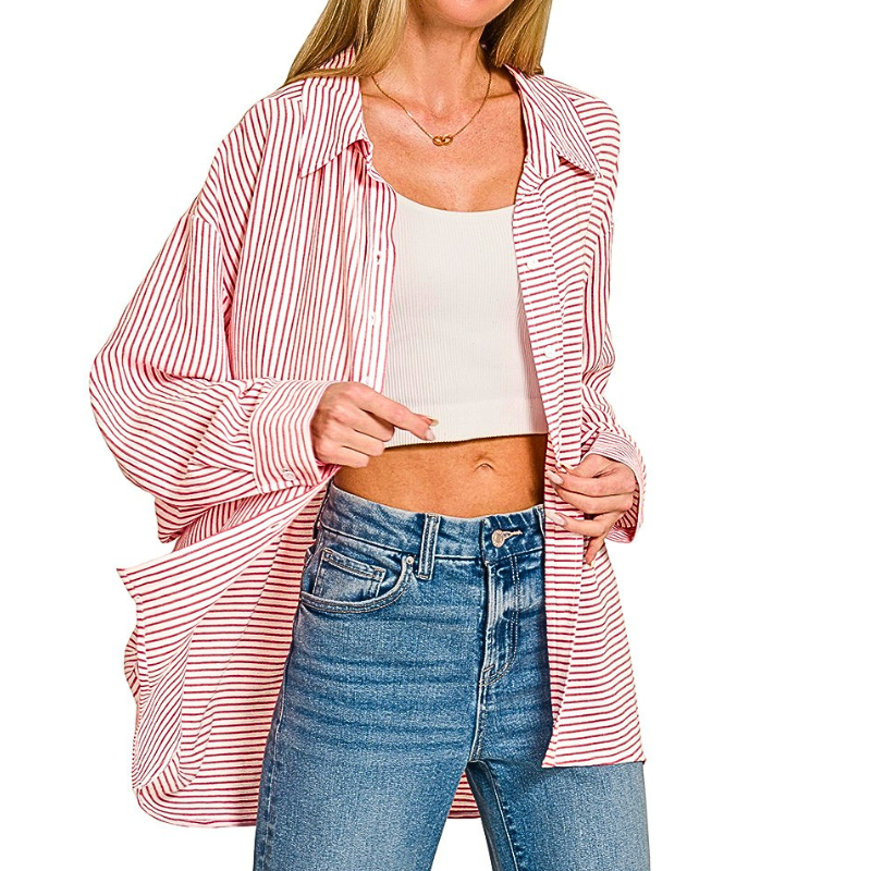 Zenana Oversized Shirt Red Striped Woven Button-up Long Sleeve Casual Top