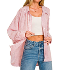 Zenana Oversized Shirt Red Striped Woven Button-up Long Sleeve Casual Top