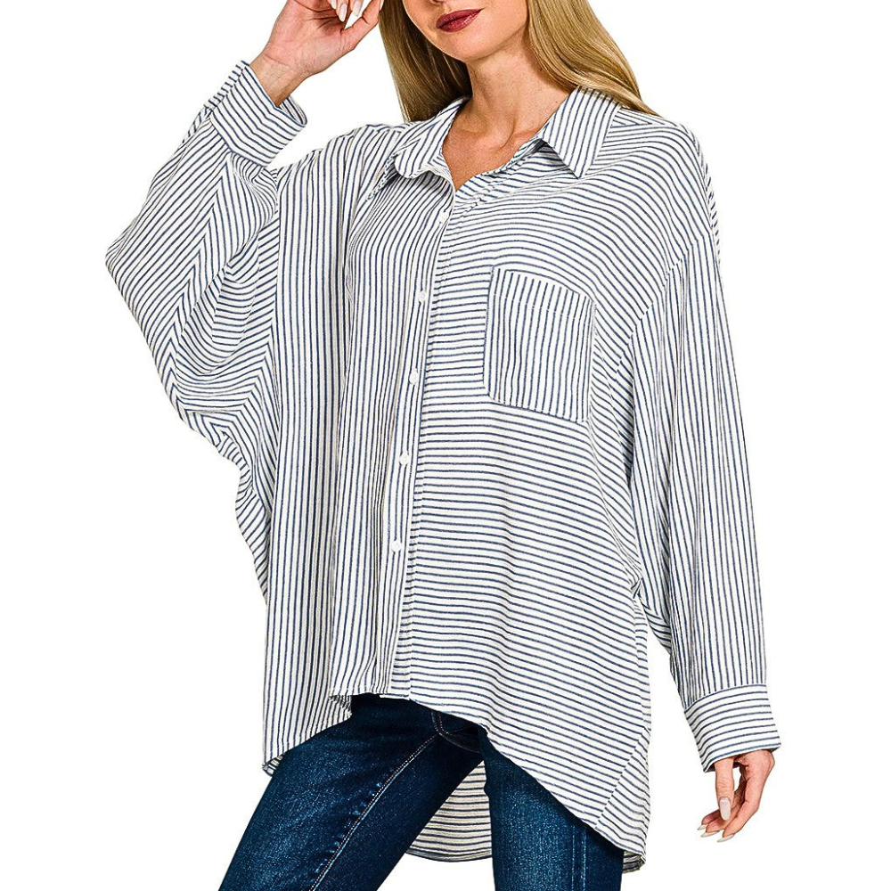 Zenana Oversized Shirt Striped Long Sleeve Classic Blue Button-up Casual Loose Top