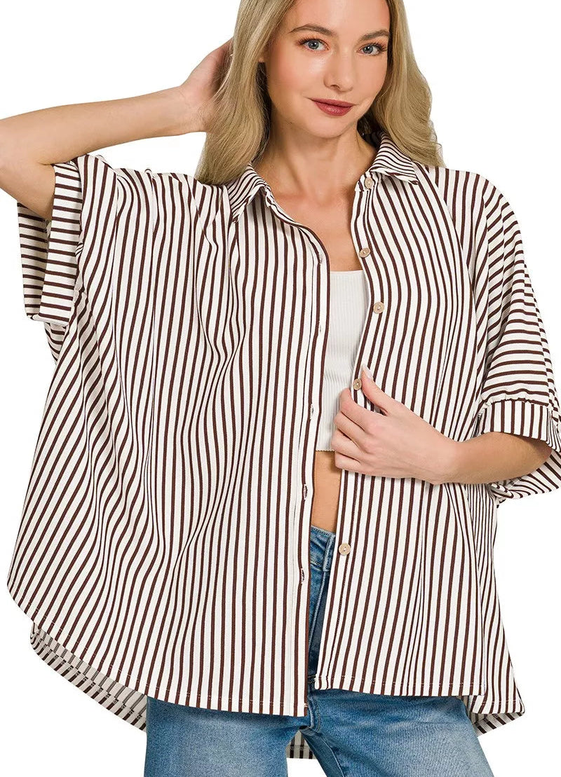 Zenana Oversized Stripe Button Down Shirt – Women’s Casual Top