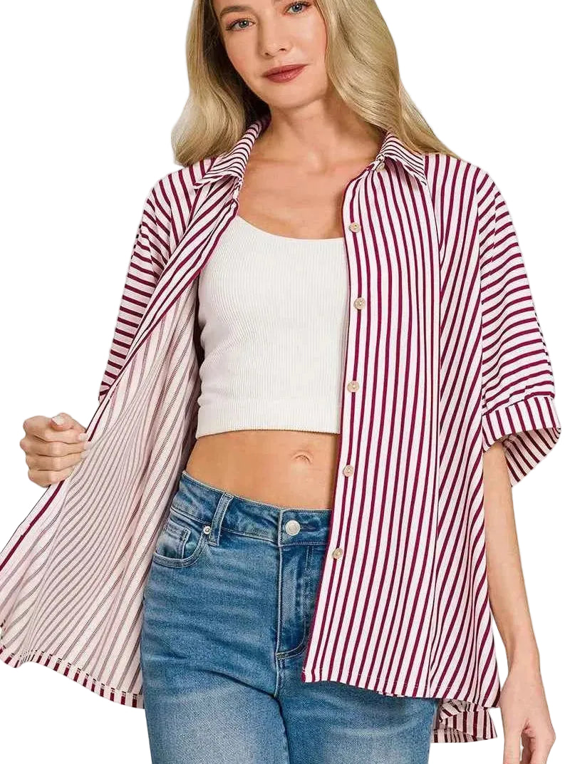 Zenana Oversized Stripe Button Up Burgundy Shirt Women Casual Long Sleeve S/M L/XL