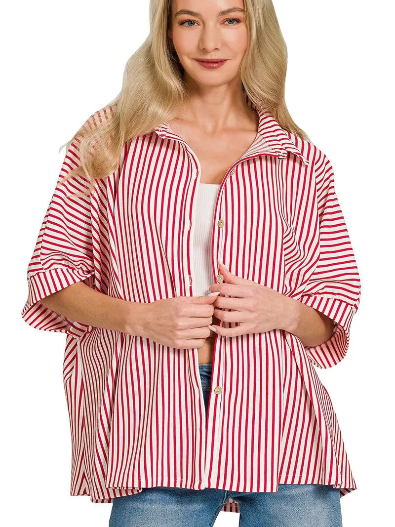 Zenana Oversized Stripe Red Button Up Shirt Women’s Casual Top - STYLEINGER
