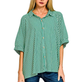 Zenana Oversized Striped Shirt  Green Button-up Short Sleeve Casual Loose Cotton Top