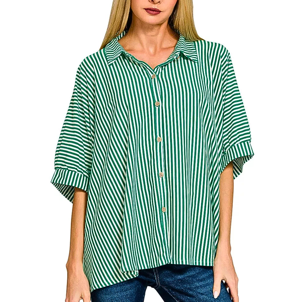Zenana Oversized Striped Shirt  Green Button-up Short Sleeve Casual Loose Cotton Top