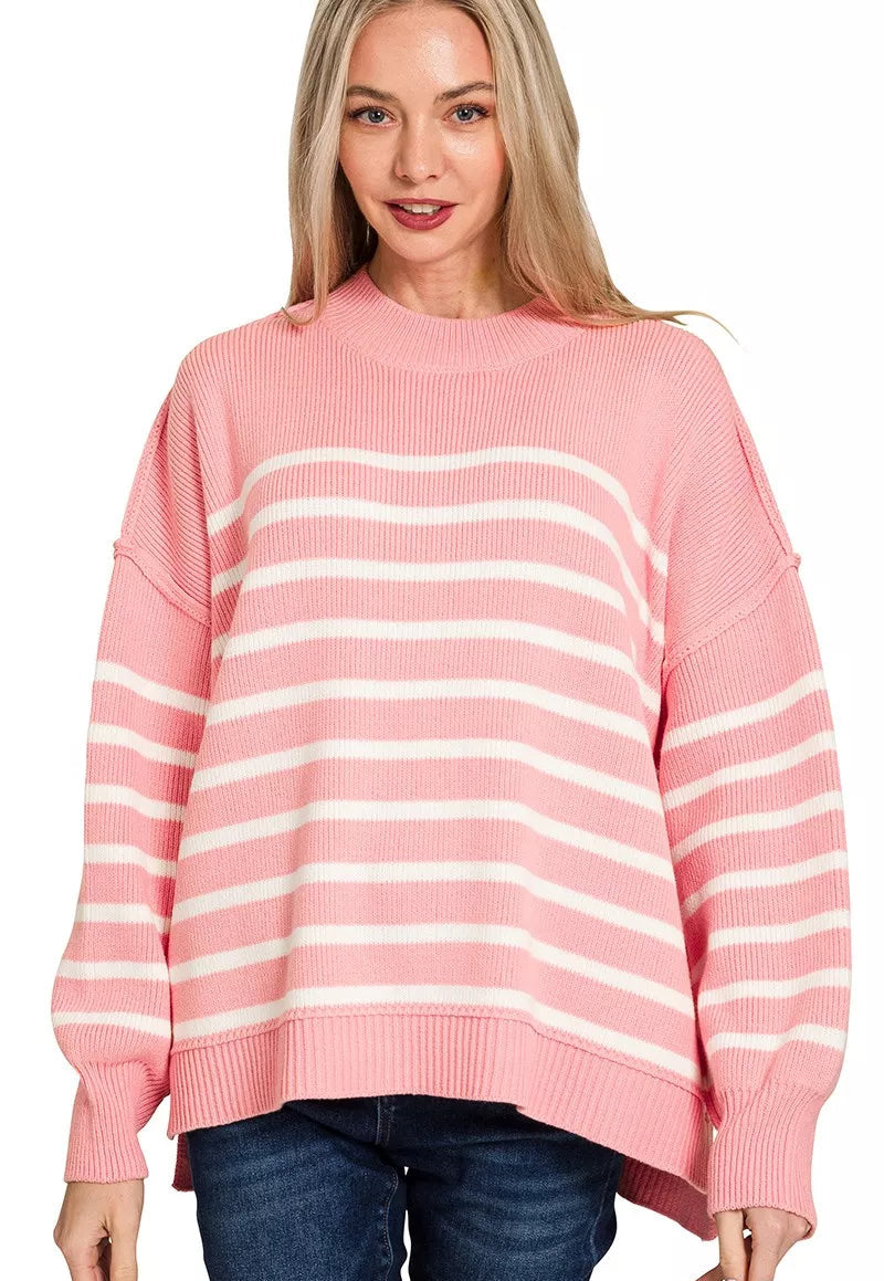 Zenana Oversized Striped Sweater Womens Dark Pink Exposed Seam Zenana_Oversized_Striped_Sweater_Womens_Dark_Pink_Exposed_Seam Trendsi