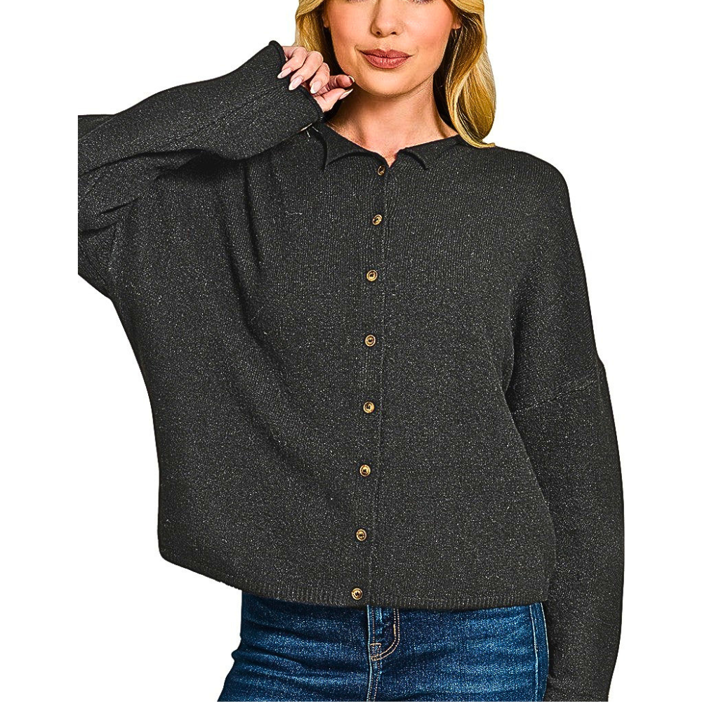 Zenana Oversized Sweater Cardigan Button-up Black Long Sleeve Lightweight Knit Top