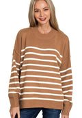 Zenana Oversized Sweater Womens Striped Camel Exposed Seam DEEP CAMEL Zenana_Oversized_Sweater_Womens_Striped_Camel_Exposed_Seam Trendsi