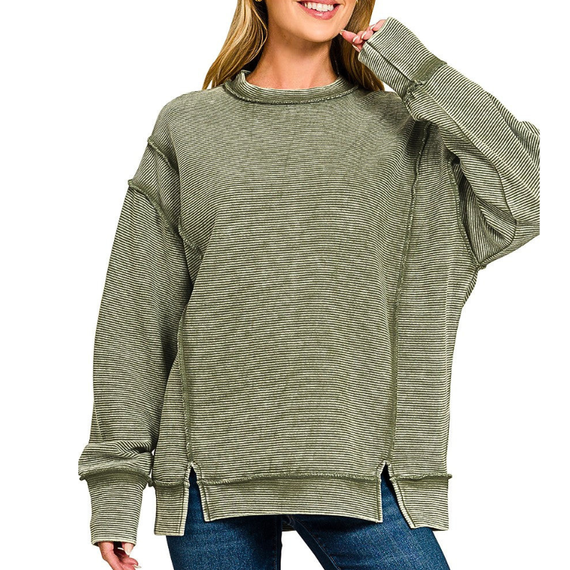 Zenana Oversized Sweatshirt Cotton Acid Washed Dark Olive Exposed Seam Top