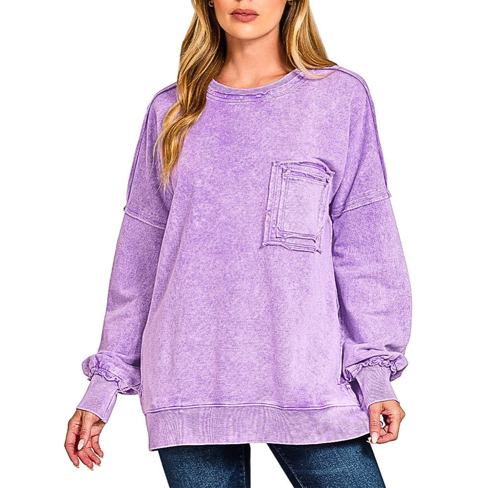 Zenana Oversized Sweatshirt Cotton Halo Washed Long Sleeve Exposed Seam Top
