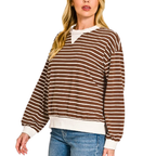 Zenana Oversized Sweatshirt Gestreift Braun Gerippter Weißer Bund Langarm-Oberteil